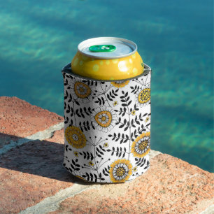Doodle flowers and leaves in yellow and black can cooler