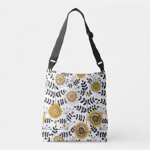 Doodle flowers and leaves in yellow and black crossbody bag