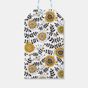 Doodle flowers and leaves in yellow and black gift tags