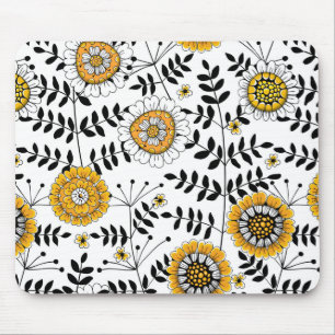 Doodle flowers and leaves in yellow and black mouse pad