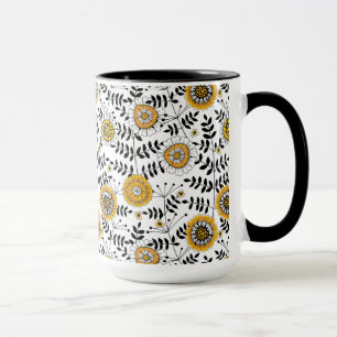 Doodle flowers and leaves in yellow and black mug