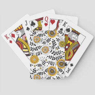 Doodle flowers and leaves in yellow and black playing cards