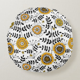 Doodle flowers and leaves in yellow and black round cushion