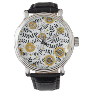 Doodle flowers and leaves in yellow and black watch