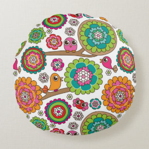 doodle flowers background pattern round cushion