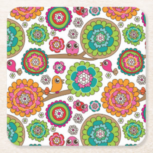 doodle flowers background pattern square paper coaster