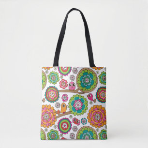 doodle flowers background pattern tote bag