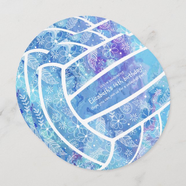 Doodle flowers feathers blue volleyball party invitation (Front/Back)