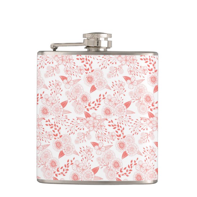 Doodle flowers in living coral hip flask (Front)