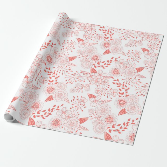 Doodle flowers in living coral wrapping paper (Unrolled)