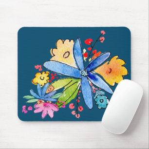Doodle Flowers On Blue Mouse Pad