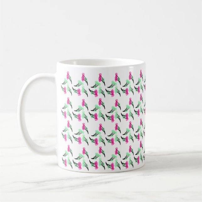 Doodle Flowers Pink Green Pattern Coffee Mug (Left)