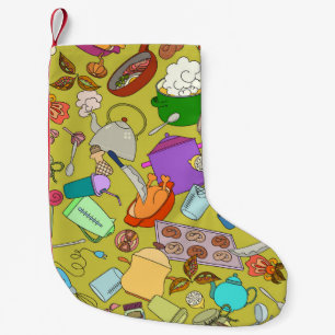 Doodle food and utensils, seamless texture. small christmas stocking