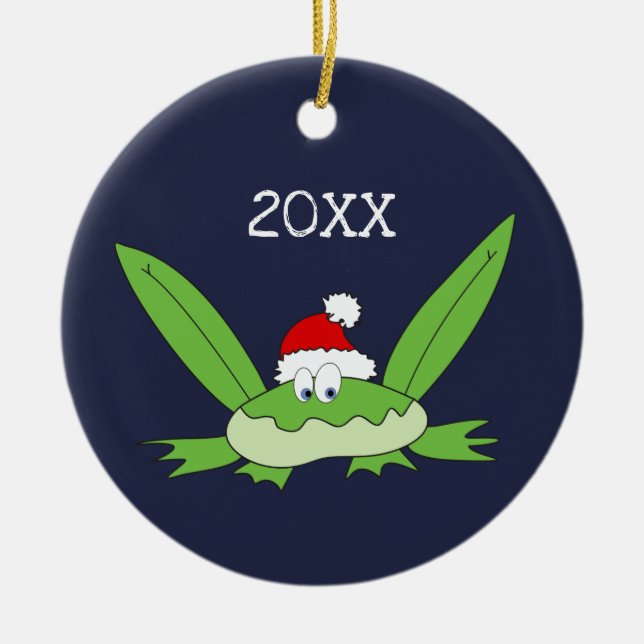 Doodle Frog with Santa Hat Christmas Ceramic Tree Decoration (Front)