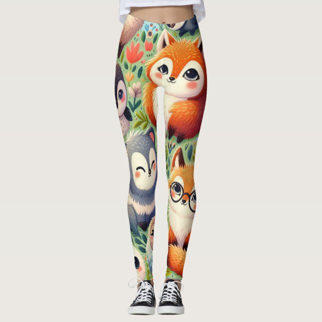 doodle funny cartoon, animal pattern happy fun,  leggings (Front)