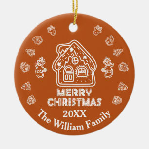 Doodle Gingerbread House Family Name  Ceramic Tree Decoration