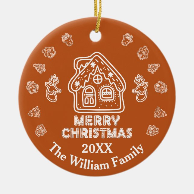 Doodle Gingerbread House|Family Name  Ceramic Tree Decoration (Front)
