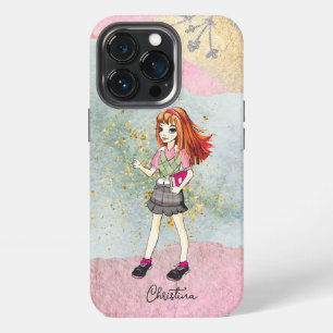 Doodle Girl With Red Hair Gold Name iPhone 13 Pro Case