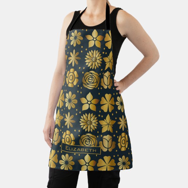 Doodle golden floral pattern personalised name  apron (Insitu)