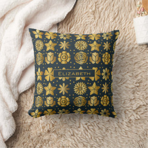 Doodle golden floral pattern personalised name cushion
