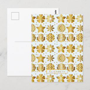 Doodle golden floral pattern personalised name postcard
