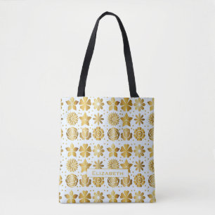 Doodle golden floral pattern personalised name tote bag