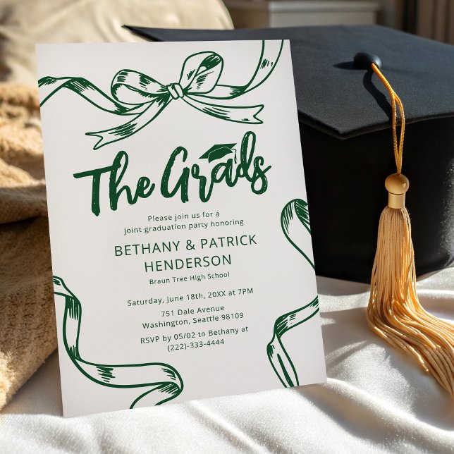 Doodle Green Bow Joint Graduation Party Invitation (Creator Uploaded)