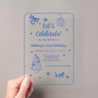 Doodle Hand drawn Blue Bow Disco Ball Birthday