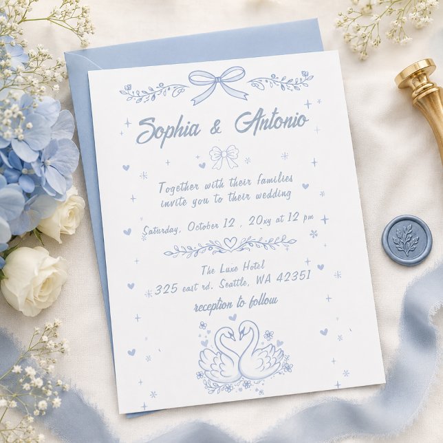 Doodle Hand Drawn Dusty Blue Swans Wedding Invitation (Doodle Hand Drawn Dusty Blue Swans Wedding Invitation)