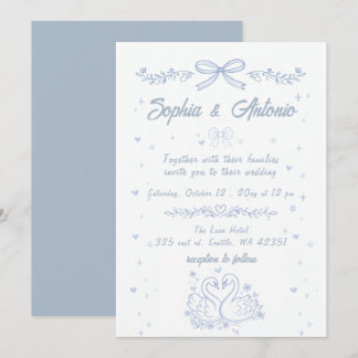 Doodle Hand Drawn Dusty Blue Swans Wedding Invitation