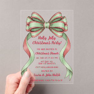 Doodle Hand drawn Green Red Bow Christmas Party Acrylic Invitations