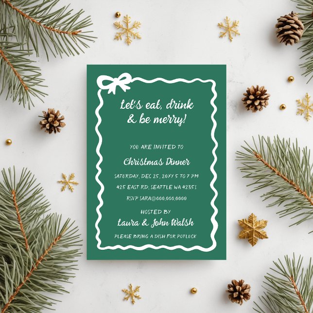 Doodle Hand drawn Green White Bow Christmas Party Invitation (Doodle Hand drawn Green White Bow Christmas Party Invitation)