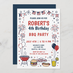 Doodle Hand Drawn July 4th BBQ Birthday Party  Invitation