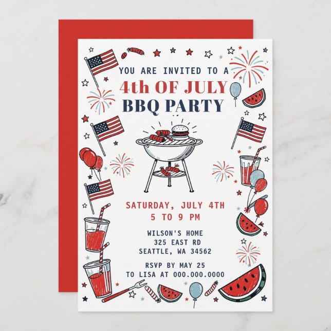 Doodle Hand Drawn July 4th BBQ Holiday Party  Invitation (Front/Back)