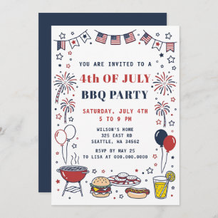 Doodle Hand Drawn July 4th BBQ Holiday Party  Invitation