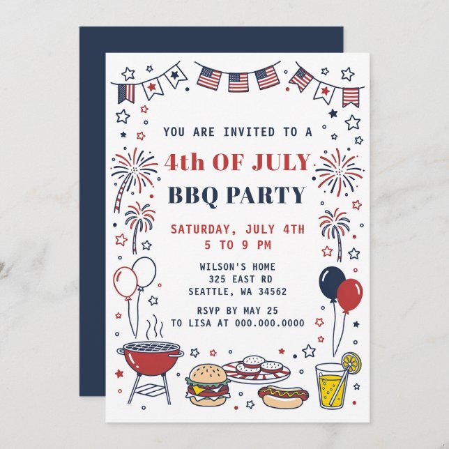 Doodle Hand Drawn July 4th BBQ Holiday Party  Invitation (Front/Back)