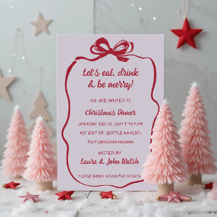 Doodle Hand drawn Pink Red Bow Christmas Party Invitation