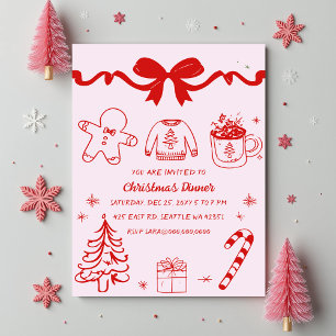 Doodle Hand drawn Pink Red Christmas Party Invitation