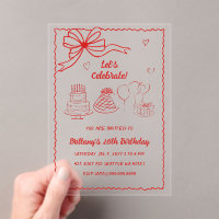 Doodle Hand drawn Pink Red Coquette Bow Birthday