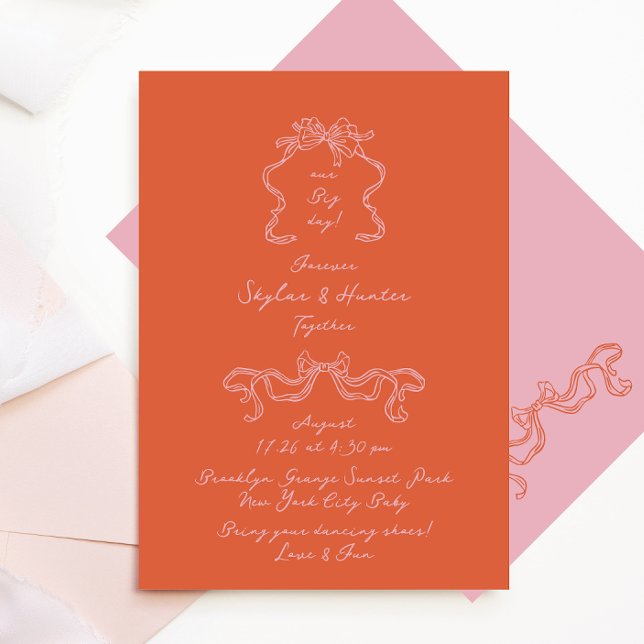 Doodle Handwritten Retro Orange & Pink Wedding Invitation (Creator Uploaded)