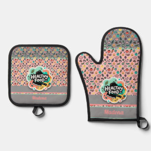 Doodle Healthy Food Kitchen Knife Sticker Oven Mitt & Pot Holder Set
