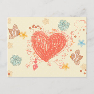 Doodle heart and birds happy mothers day postcard