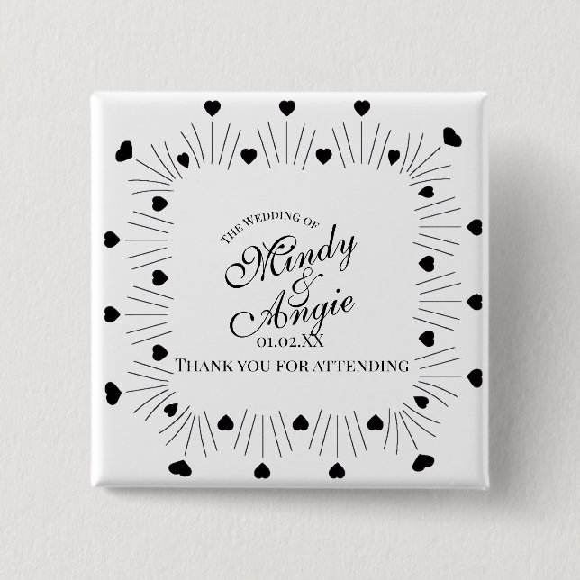 Doodle Hearts Frame Script Wedding 15 Cm Square Badge (Front)