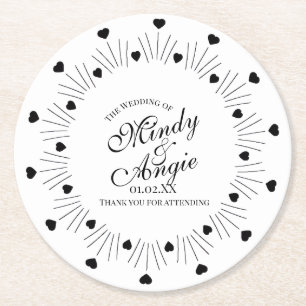 Doodle Hearts Frame Script Wedding Round Paper Coaster
