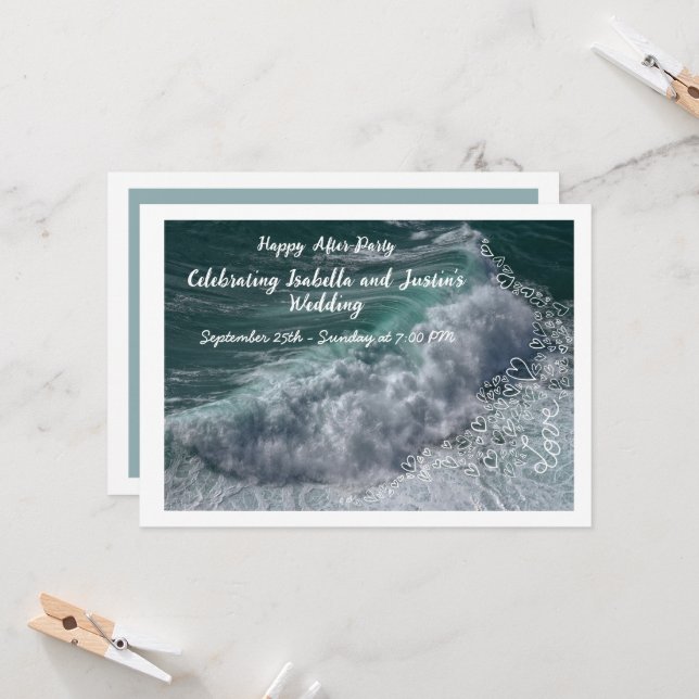 Doodle hearts, ocean photo, and love invitation (Front/Back In Situ)