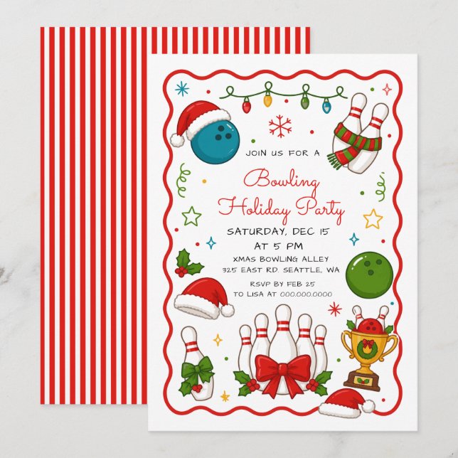 Doodle Holiday Bowling Christmas Party Invitation (Front/Back)
