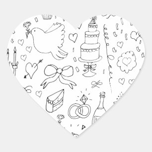 Doodle Illustrations Wedding in Black and White Heart Sticker