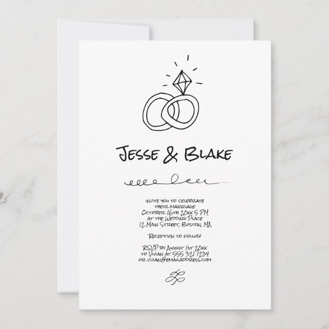 Doodle Illustrations Wedding in Black and White Invitation (Front)