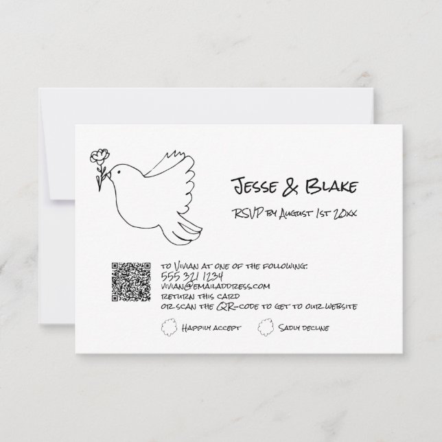 Doodle Illustrations Wedding in Black and White RSVP Card (Front)