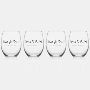 Doodle Illustrations Wedding in Black and White Stemless Wine Glass